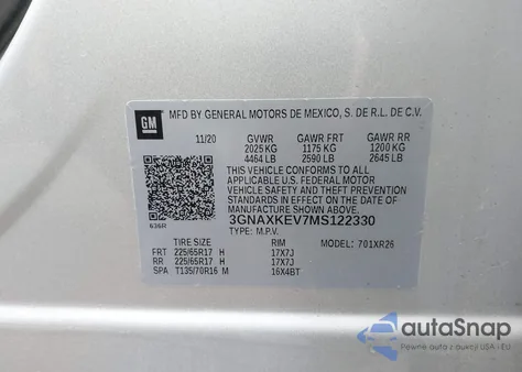 2021 Chevrolet Equinox Fwd Lt из США, поврежденный, VIN 3GNAXKEV7MS122330